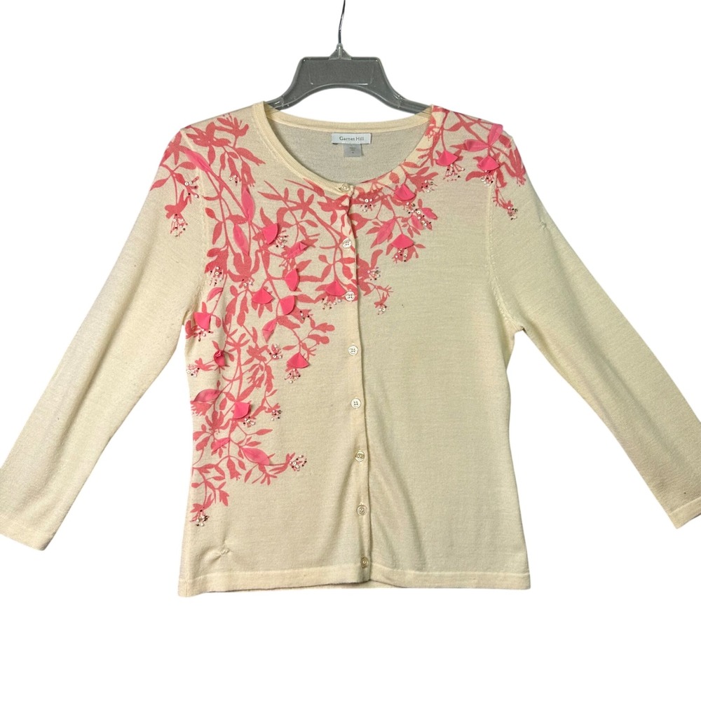 Garnet Hill Womens Merino Wool Cardigan Cream Pink Floral Beaded Sequin Small